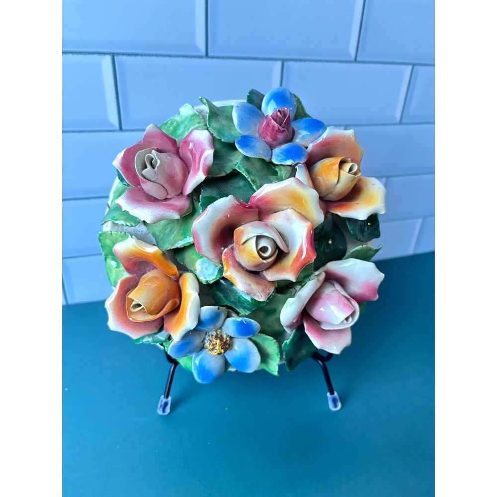 Vintage Capodimonte Italian Porcelain Floral Bouquet Plaque with Stand